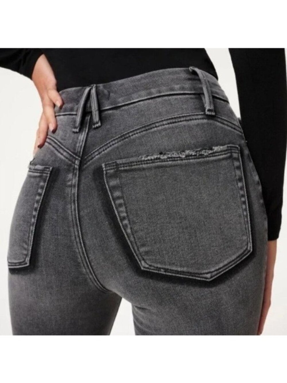 Good American Shadow Pocket Jean Distressed Skinny Raw Hem Grey Black Size 2 - Picture 6 of 12